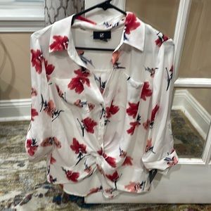 3/4 sleeve white blouse with red flowers. Size small